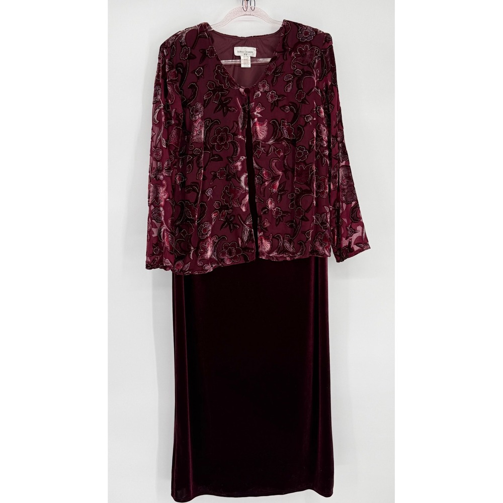 Miss Dorby Womens Burgundy Velvet Maxi Dress & Floral Burnout Jacket Set Sz 16